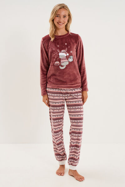 Ensemble pyjama pantalon effet velours rose framboise femme
