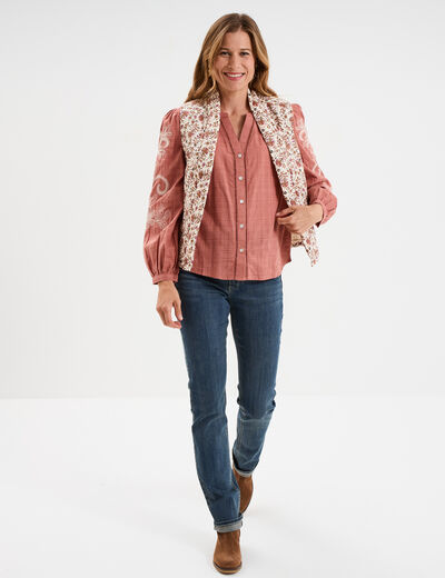 Blouse col tunisien manches brodées vieux rose femme