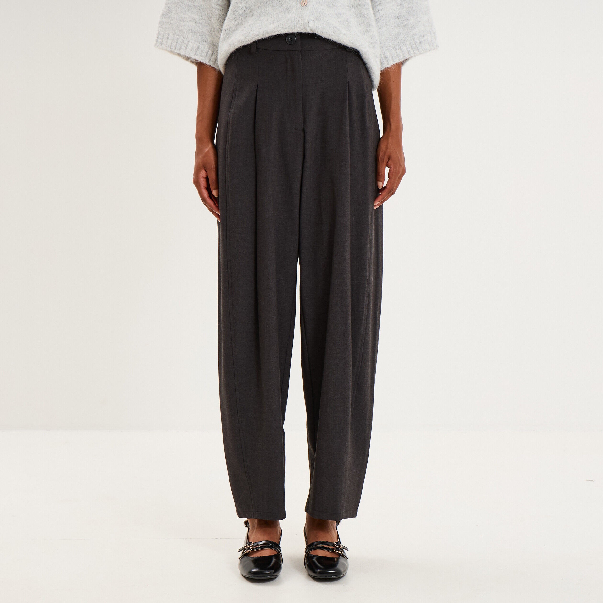 Pantalon ballon taille haute à pinces gris foncé femme
