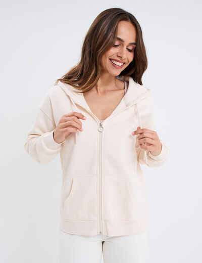 Sweat zippé à capuche beige femme