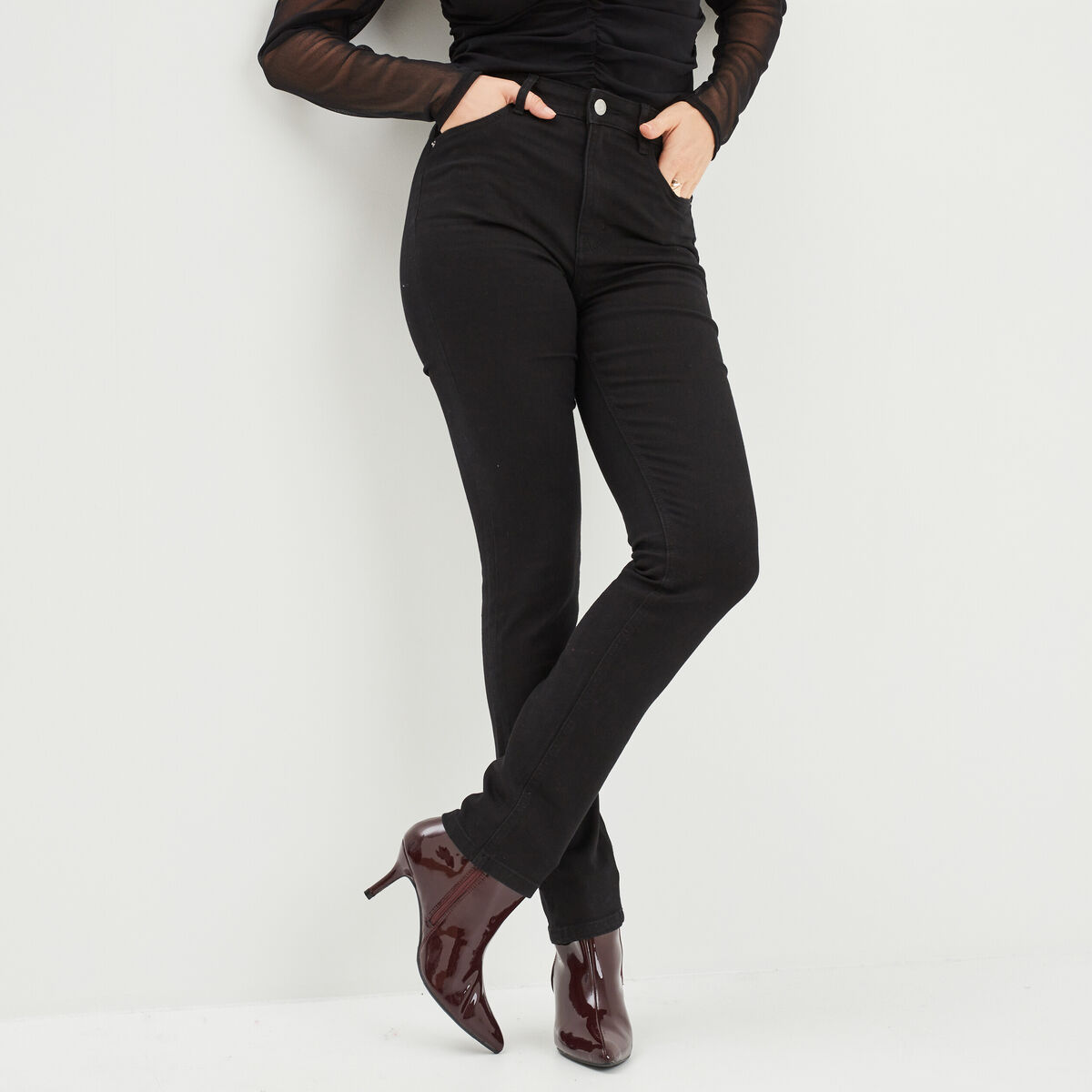Jeans slim taille haute 5 poches denim noir femme
