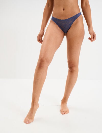 Tanga en dentelle doublure coton bleu gris femme