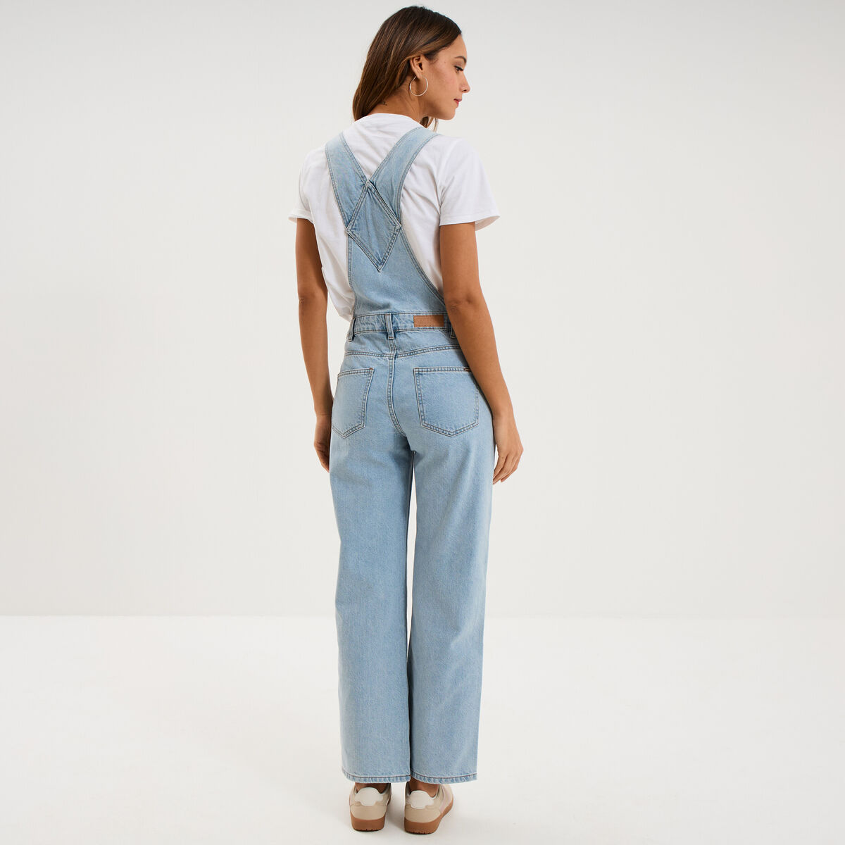 Salopette en jean jambe large coton denim triple stone femme