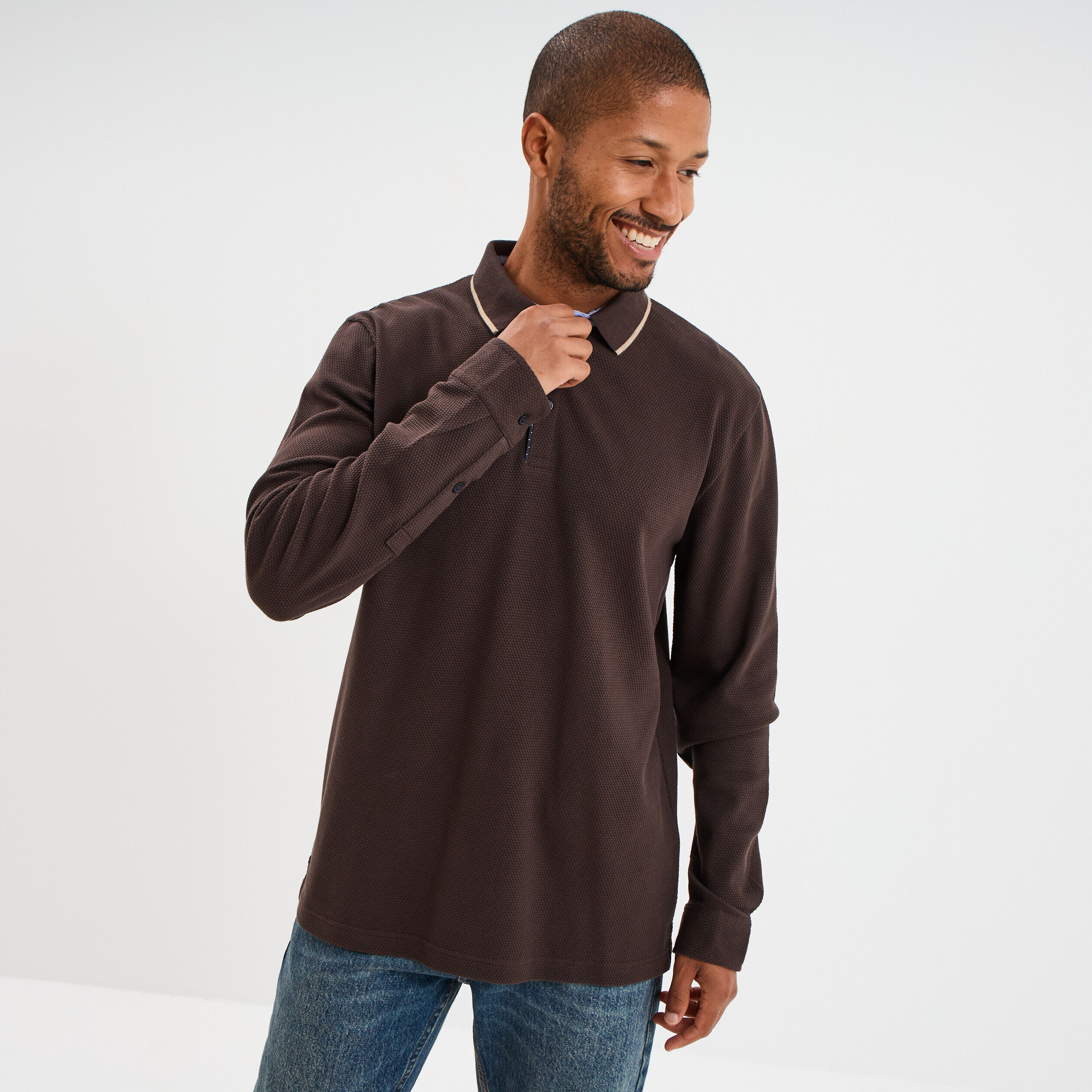 Polo droit manches longues coton marron foncé homme LH