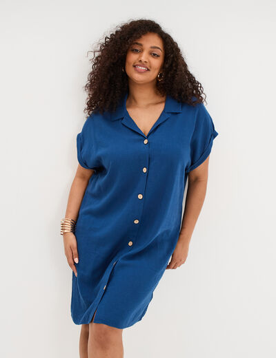 Robe chemise courte lin m&eacute;lang&eacute; bleu marine femme grande taille
