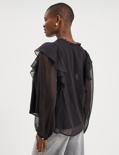 Blouse volants &eacute;paules et col noir femme