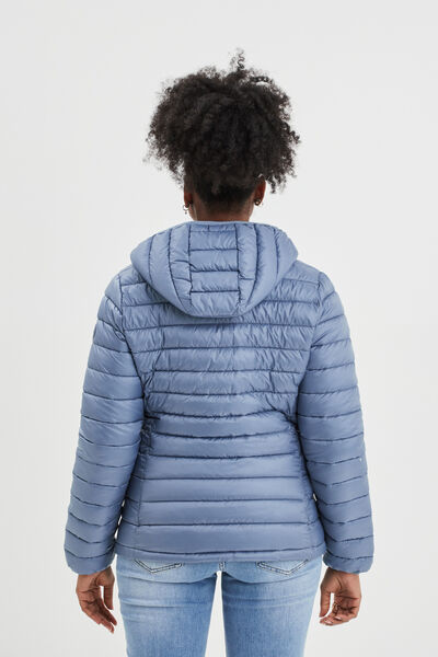 Doudoune l&eacute;g&egrave;re d&eacute;perlante &agrave; capuche bleu gris femme