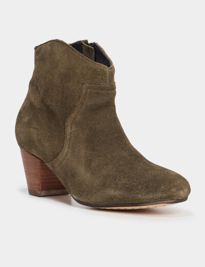 Boots bout pointu à talons en cuir vert kaki femme