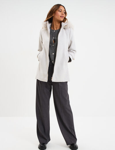Manteau &agrave; capuche fausse fourrure gris clair femme