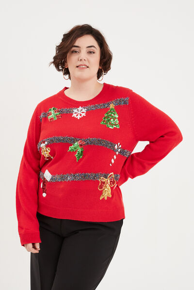 Pull de Noël à sequins et guirlandes rouge femme grande taille