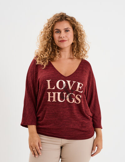 Pull manches 3/4 chauve-souris col V bordeaux femme grande taille