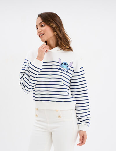 Sweat hoodie cropped à capuche Stitch ivoire femme