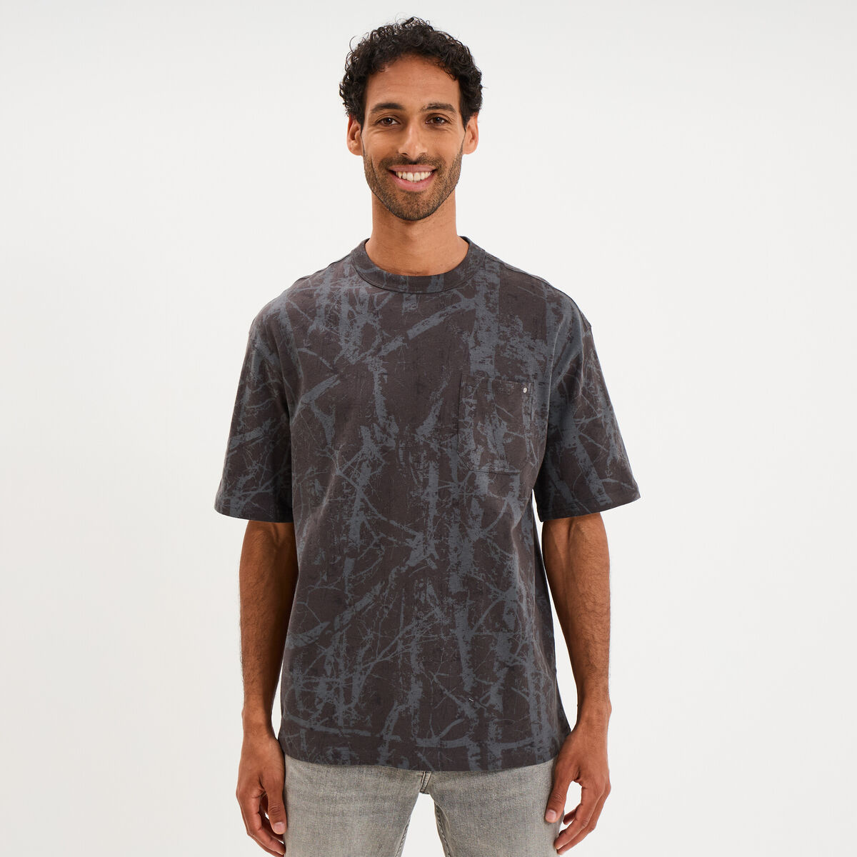 T-shirt col rond manches courtes coton gris fonc&eacute; homme