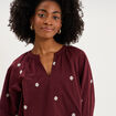 Blouse brod&eacute;e col tunisien coton violet fonc&eacute; femme