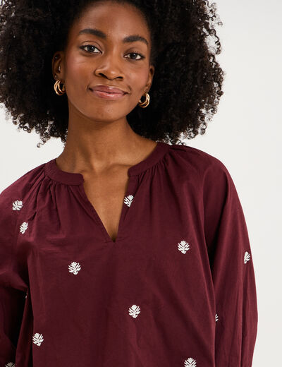 Blouse brod&eacute;e col tunisien coton violet fonc&eacute; femme