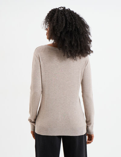 Pull col en V manches longues beige femme