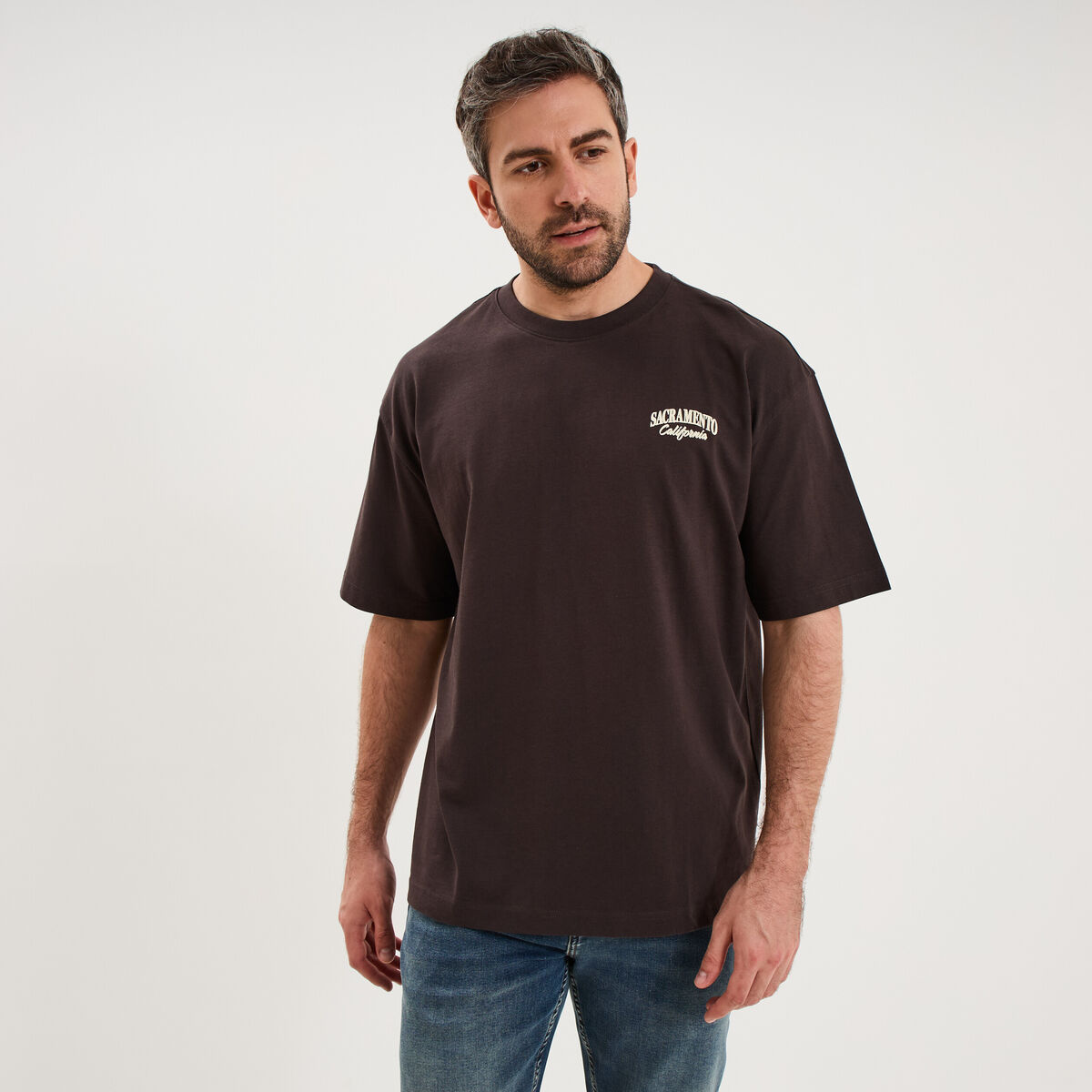 T-shirt relax manches courtes coton marron fonc&eacute; homme