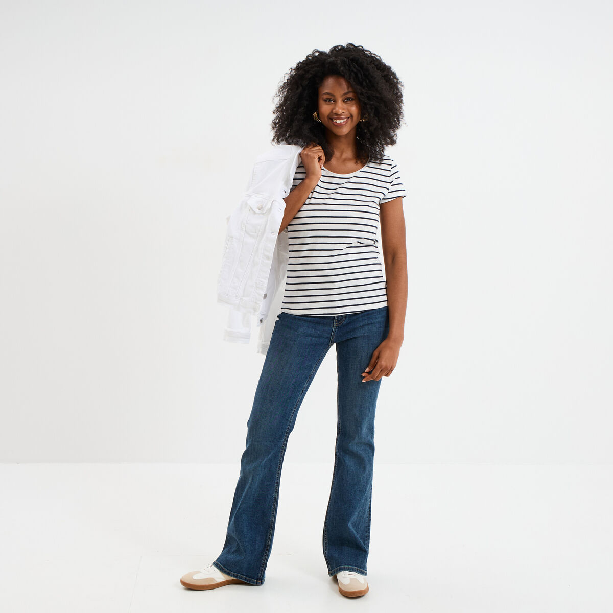 T-shirt ray&eacute; manches courtes ecru femme