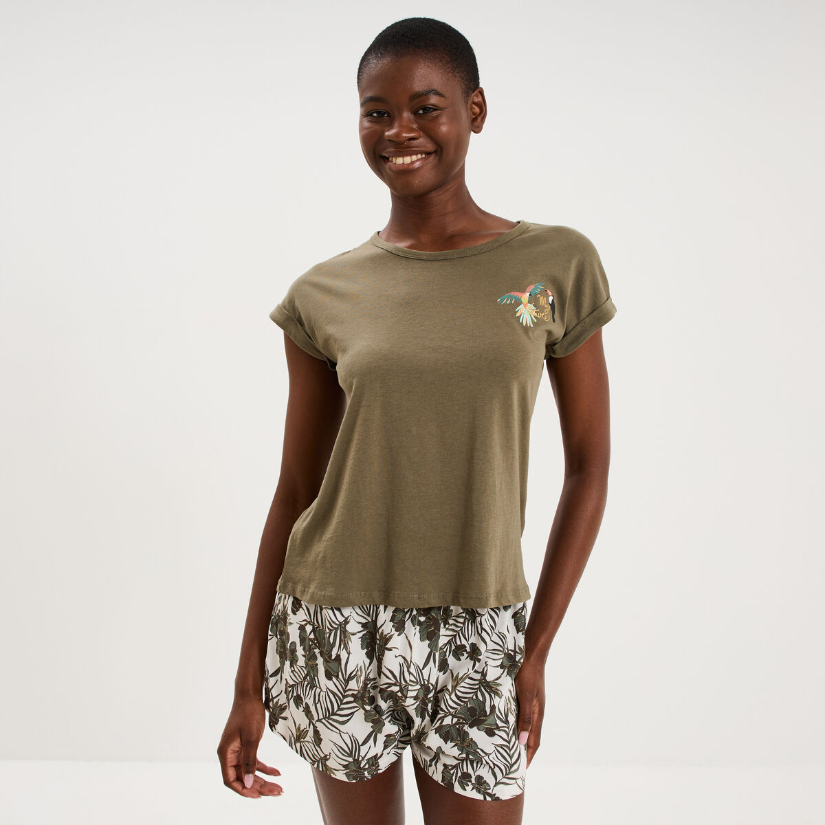 Ensemble pyjama short et t-shirt ecru femme