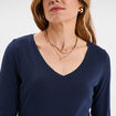 T-shirt col en V manches longues coton bleu marine femme