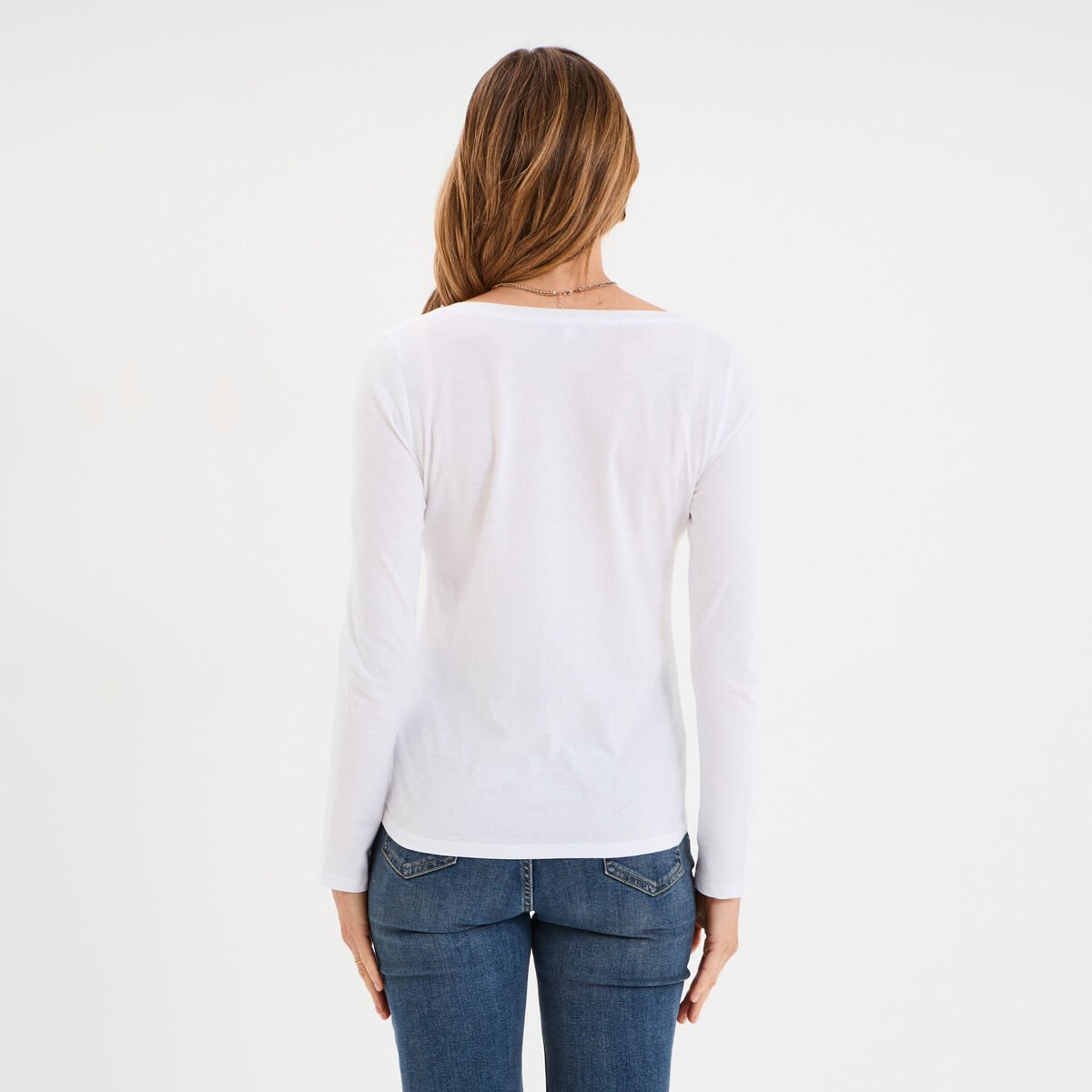 T-shirt col en V manches longues coton blanc femme