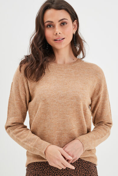 Pull col rond manches longues marron clair femme