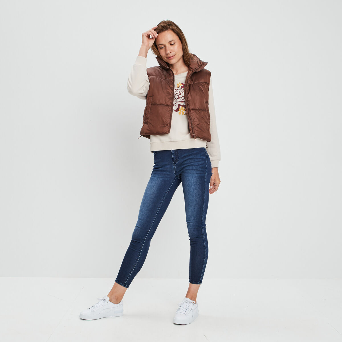 Doudoune droite courte sans manches marron femme
