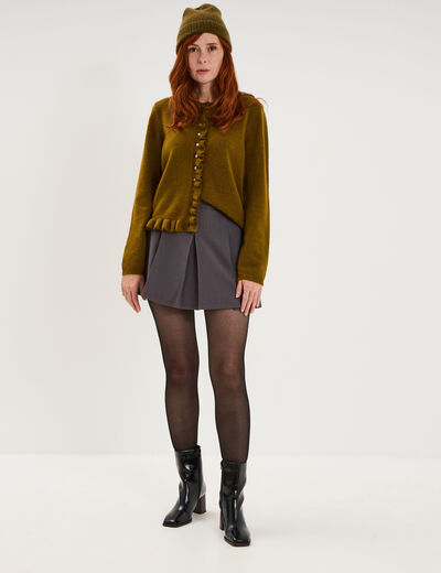 Gilet col rond &agrave; volants boutonn&eacute; vert olive femme