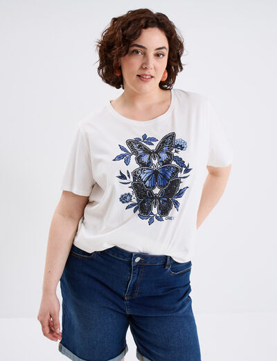 T-shirt manches courtes col rond coton ecru femme grande taille