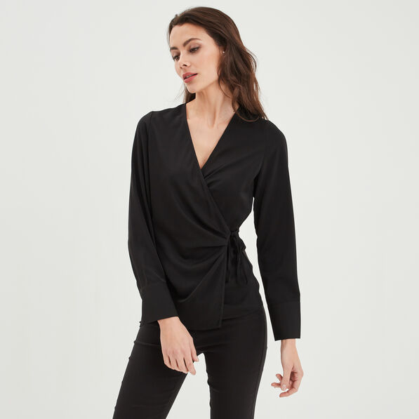 blouse satin col v cache coeur mosquitos noir femme Blouse satin col V cache-coeur Mosquitos noir femme