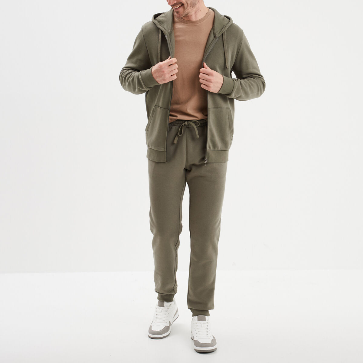 Sweat zipp&eacute; molleton &agrave; capuche vert kaki homme