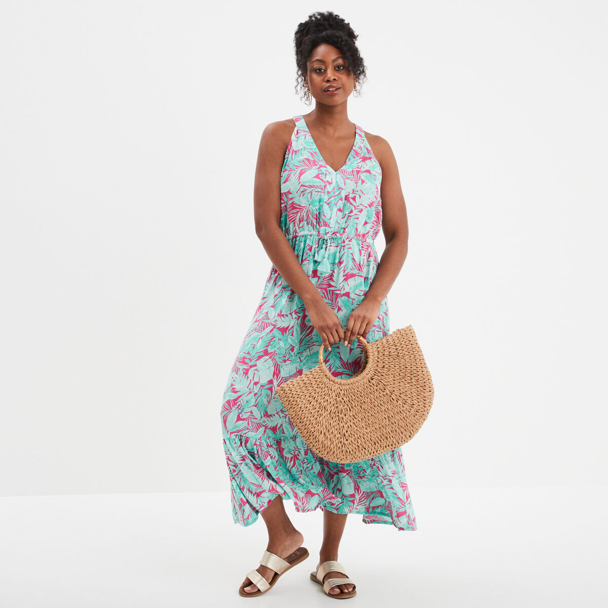 Robe longue sans manches taille coulisse rose fushia femme