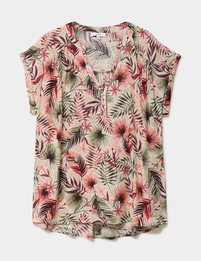 Blouse cr&eacute;pon manches courtes vert kaki femme