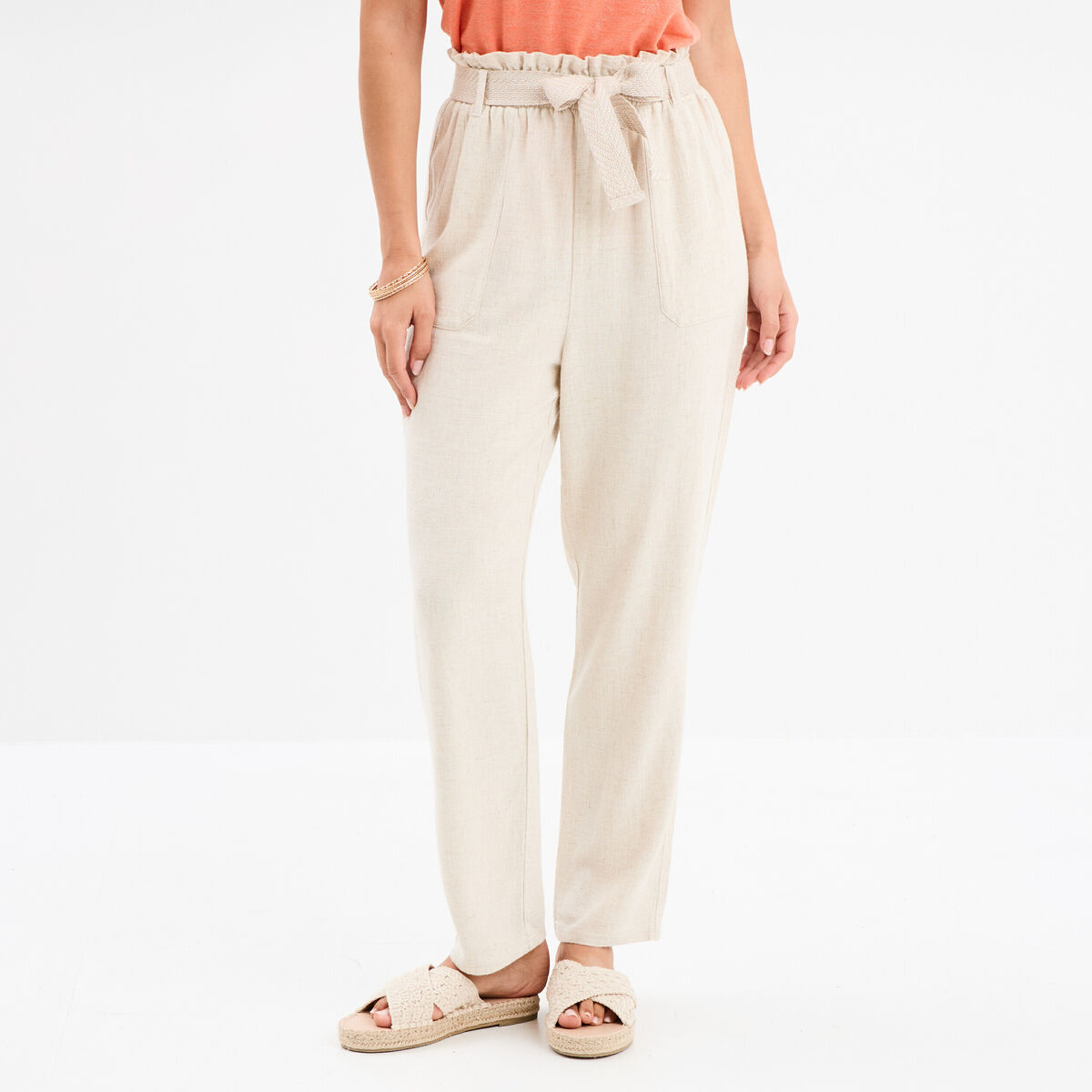 Pantalon paperbag &eacute;lastiqu&eacute; m&eacute;lange lin beige femme