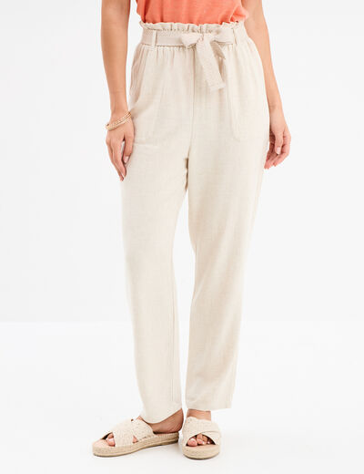 Pantalon paperbag &eacute;lastiqu&eacute; m&eacute;lange lin beige femme