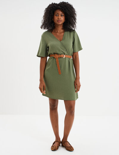 Robe courte col cache-coeur vert kaki femme