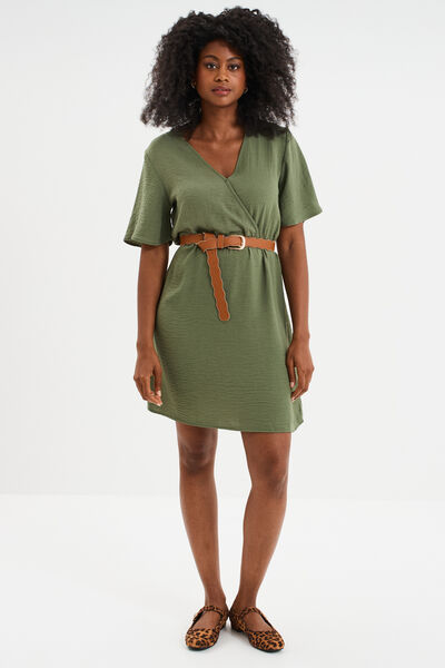 Robe courte col cache-coeur vert kaki femme