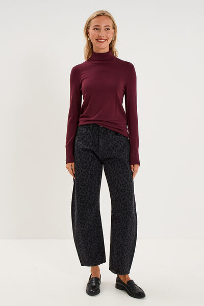 Pull col roul&eacute; avec boutons poignets violet fonc&eacute; femme