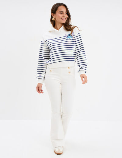 Sweat hoodie cropped à capuche Stitch ivoire femme