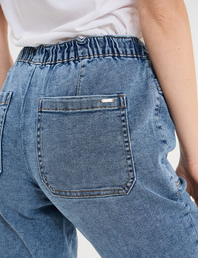 Jeans droit cropped taille &eacute;lastiqu&eacute;e denim stone femme