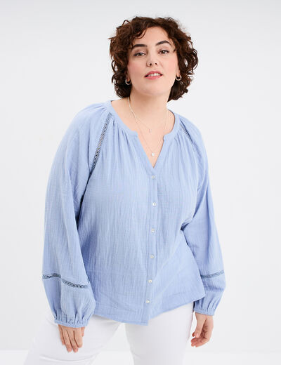 Blouse manches longues coton bleu clair femme grande taille