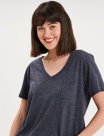 T-shirt col en V manches courtes bleu marine femme