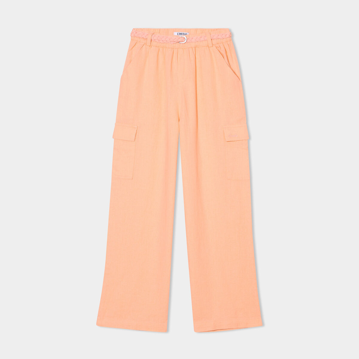 Pantalon large lin mélangé ceinturé rose saumon fille