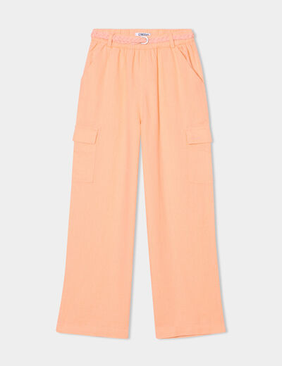 Pantalon large lin mélangé ceinturé rose saumon fille