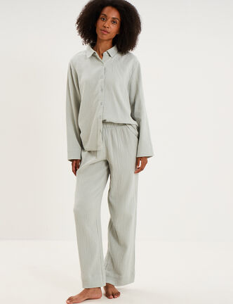 Ensemble pyjama chemise gaze de coton vert clair femme
