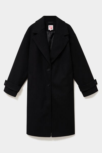 Manteau long oversize boutonn&eacute; noir femme