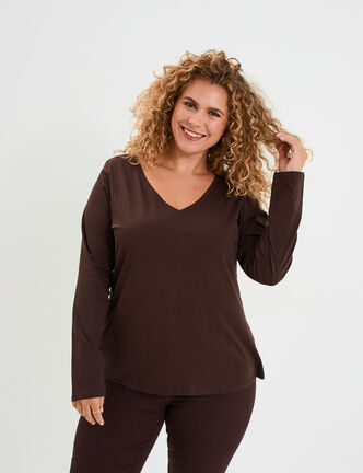 T-shirt col en V manches longues coton marron foncé femme grande taille