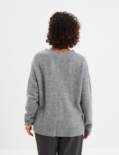 Pull droit ample col V fentes aux c&ocirc;t&eacute;s gris clair femme