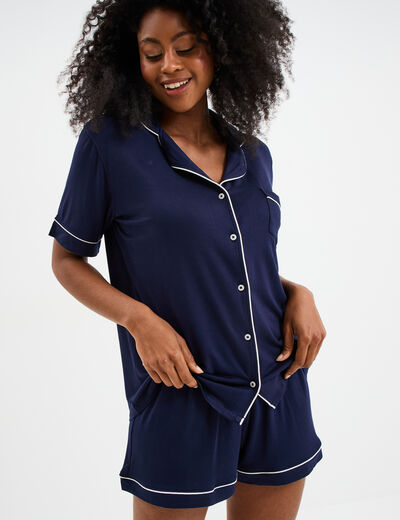 Ensemble pyjama fluide short et chemise bleu marine femme