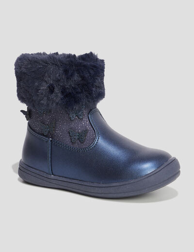 Bottines à paillettes et col fourré bleu marine fille